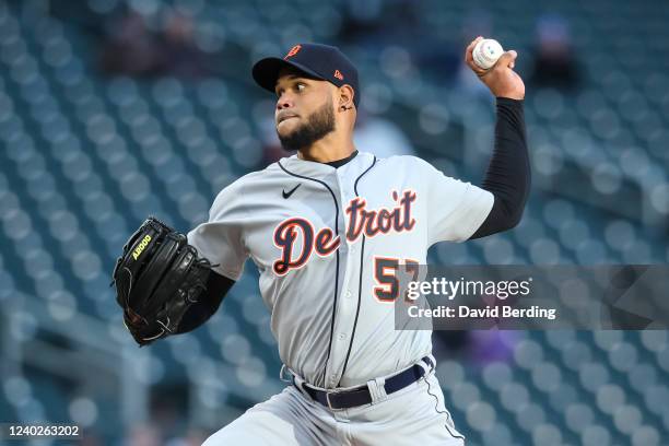 Eduardo Rodriguez of the Detroit Tigers delivers a pitch against the Minnesota Twins in the first inning of the game at Target Field on April 26,...