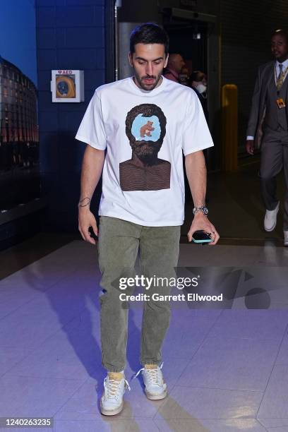 Facundo Campazzo of the Denver Nuggets arrives to the arena prior to the game against the Golden State Warriors during Round 1 Game 3 of the 2022 NBA...