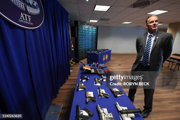 "Ghost guns" seized in federal law enforcement actions are displayed by Michael Hoffman, Assistant Special Agent in Charge at the Los Angeles ATF...