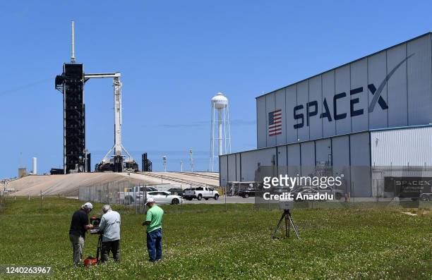 SpaceX Falcon 9 rocket with a Crew Dragon spacecraft named Freedom stands ready for launch at pad 39A at the Kennedy Space Center on April 26, 2022...