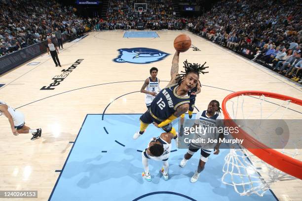 Ja Morant of the Memphis Grizzlies dunks the ball against the Minnesota Timberwolves during Round 1 Game 5 of the 2022 NBA Playoffs on April 26, 2022...