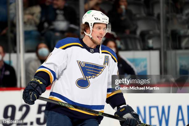 Vladimir Tarasenko of the St. Louis Blues warms up prior to the game against the Colorado Avalanche at Ball Arena on April 26, 2022 in Denver,...