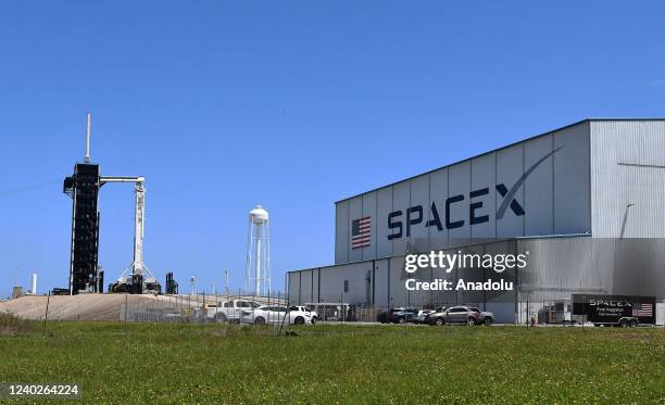 SpaceX Falcon 9 rocket with a Crew Dragon spacecraft named Freedom stands ready for launch at pad 39A at the Kennedy Space Center on April 26, 2022...