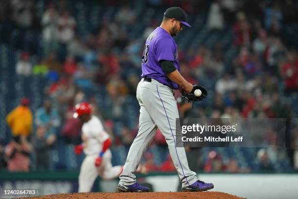 Jhoulys Chacin of the Colorado Rockies looks on after allowing a two run home run to Odubel Herrera of the Philadelphia Phillies in the bottom of the...