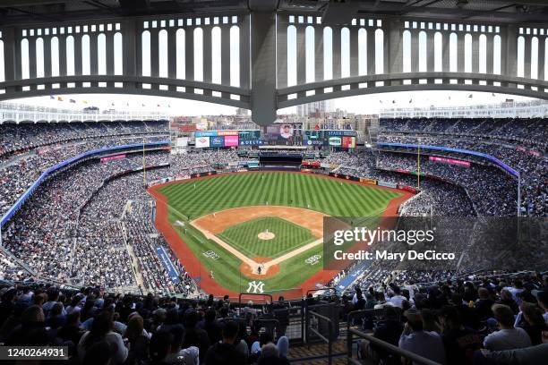 General high home view of the field featuring the facade at Yankee Stadium during the game between the Boston Red Sox and the New York Yankees at...