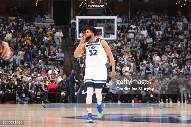 Karl-Anthony Towns of the Minnesota Timberwolves celebrates against the Memphis Grizzlies during Round 1 Game 5 of the 2022 NBA Playoffs on April 26,...