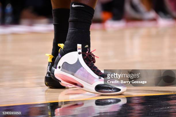 The sneakers worn by Bismack Biyombo of the Phoenix Suns during Round 1 Game 5 of the 2022 NBA Playoffs on April 26, 2022 at Footprint Center in...