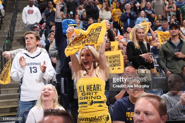 Memphis Grizzlies fan celebrates during Round 1 Game 5 of the 2022 NBA Playoffs on April 26, 2022 at FedExForum in Memphis, Tennessee. NOTE TO USER:...