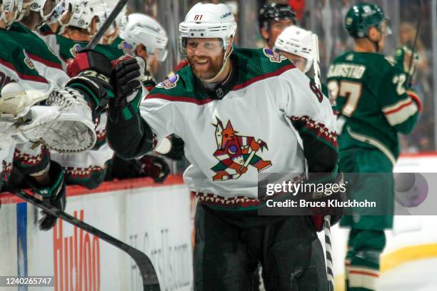 Phil Kessel of the Arizona Coyotes celebrates his goal during the game against the Minnesota Wild at the Xcel Energy Center on April 26, 2022 in...