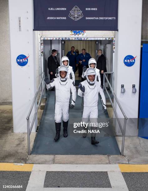 In this handout provided by the National Aeronautics and Space Administration , astronauts Robert Hines , Kjell Lindgren , Jessica Watkins and ESA...