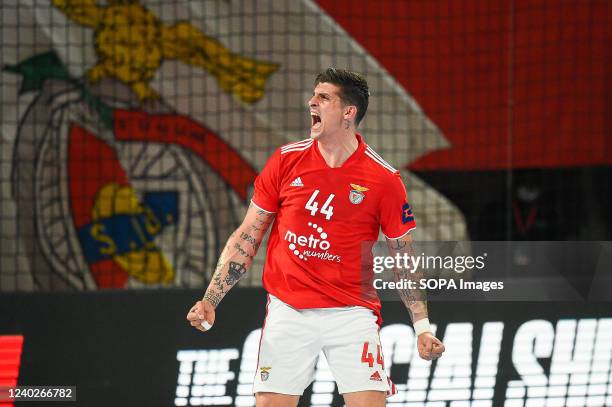 Petar Djordjic from SL Benfica reacts during the EHF European League Quarter-finals Handball match between SL Benfica and RK Gorenje Velenje at...