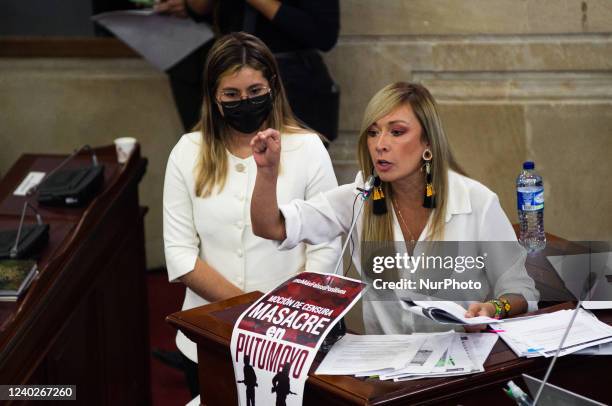 Congress member Katherine Miranda speaks during the motion to censure to Colombia's Minister of Defense Diego Molano at Colombian congress for a...