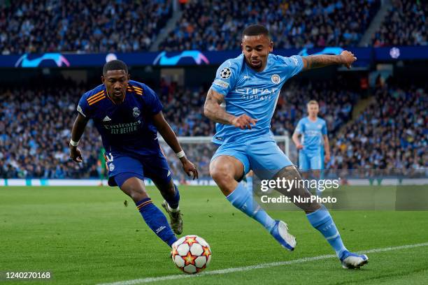 Gabriel Jesus of Manchester City and David Alaba of Real Madrid compete for the ball during the UEFA Champions League Semi Final Leg One match...