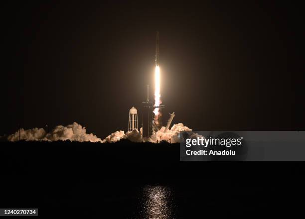 SpaceX Falcon 9 rocket with a Crew Dragon spacecraft named Freedom launches from pad 39A at the NASA Kennedy Space Center on April 27, 2022 in Cape...