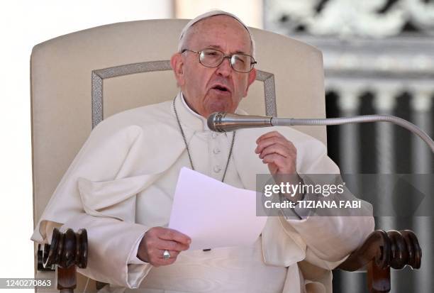 Pope Francis holds a weekly general audience on Saint Peter's square in the Vatican on April 27, 2022.