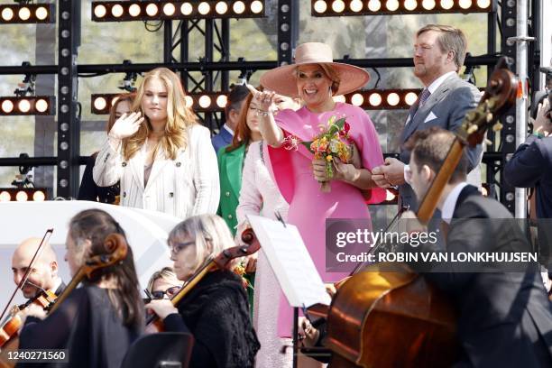 King Willem-Alexander , Queen Maxima princesses Amalia, Alexia and Ariane listen to a music performance during King's Day in Maastricht, on April 27,...