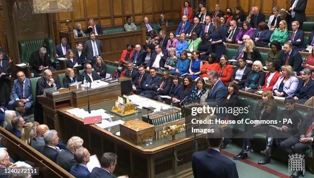 Labour leader Sir Keir Starmer speaking next to Labour deputy leader Angela Rayner wearing trousers during Prime Minister's Questions in the House of...