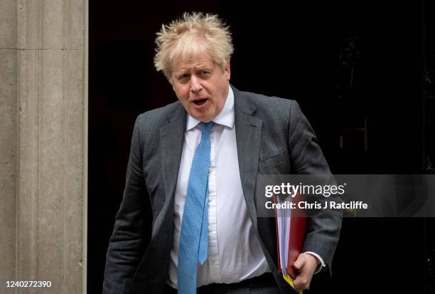 British Prime Minister, Boris Johnson, leaves Downing Street to attend Prime Ministers Questions at the House of Parliament on April 27, 2022 in...