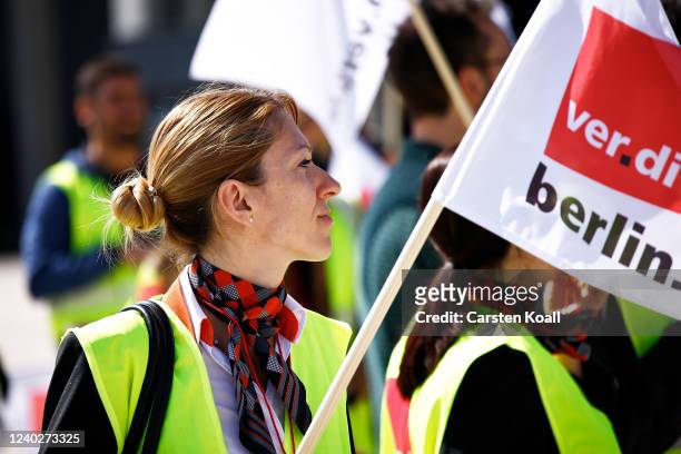 Cabin crews of discount airliner EasyJet gather to demand more pay at Berlin Brandenburg Airport on April 27, 2022 in Schoenefeld, Germany. According...
