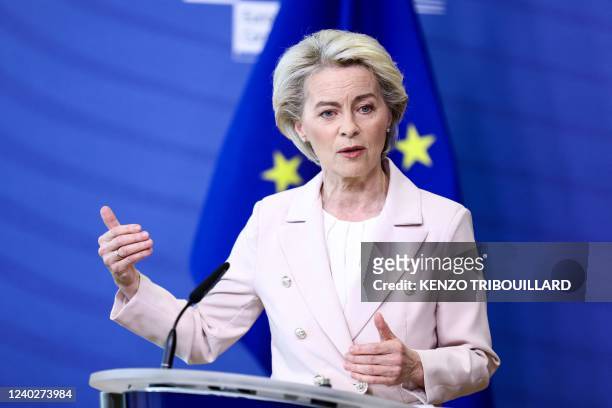 European Commission President Ursula von der Leyen makes a statement in Brussels on April 27 following the decision by Russian energy giant Gazprom...