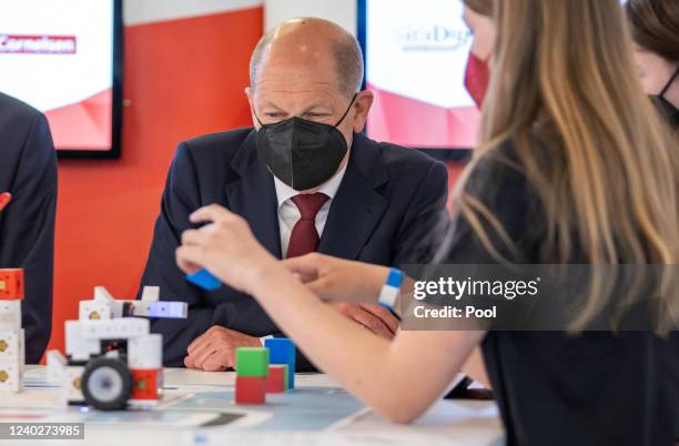 German Chancellor Olaf Scholz visits the D21 initiative on Girls' Day on April 27, 2022 in Berlin, Germany. Girls' Day, with events this year taking...