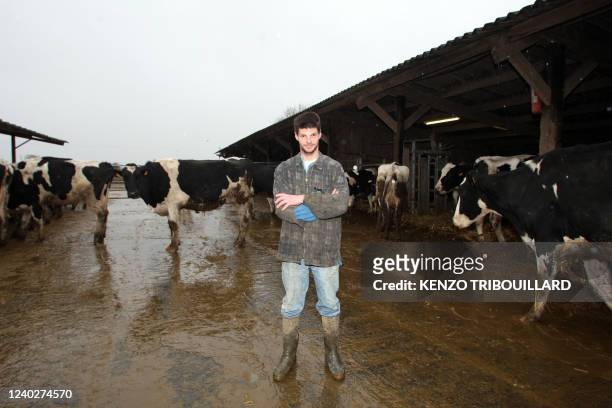 Nicolas Mahieu pose devant son troupeau de vaches le 25 février 2010 dans sa ferme au Mesnil-Aubert. A 29 ans, cet agriculteur installé depuis trois...