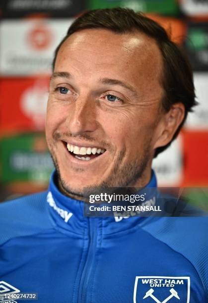 West Ham United's English midfielder Mark Noble attends a press conference at West Ham United's training ground in east London, on April 27 on the...