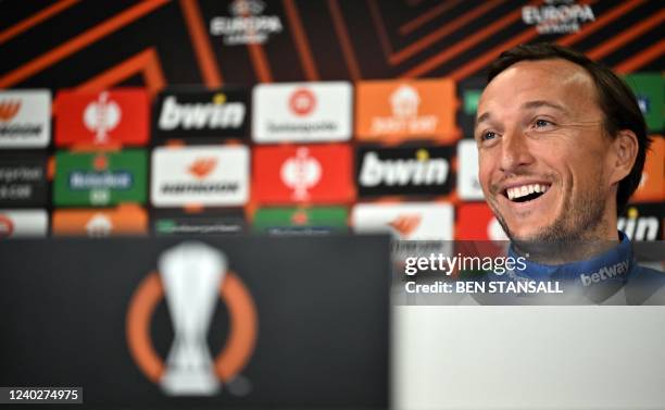 West Ham United's English midfielder Mark Noble attends a press conference at West Ham United's training ground in east London, on April 27 on the...