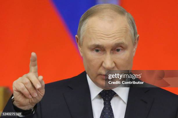 Russian President Vladimir Putin speaks during the Council of Lawmakers at the Tauride Palace, on April 27 in Saint Petersburg, Russia. Putin has...