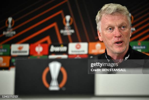 West Ham United's Scottish manager David Moyes attends a press conference at West Ham United's training ground in east London, on April 27 on the eve...