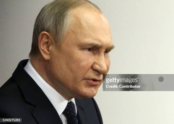 Russian President Vladimir Putin speaks during the Council of Lawmakers at the Tauride Palace, on April 27 in Saint Petersburg, Russia. Putin has...