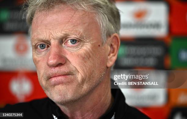 West Ham United's Scottish manager David Moyes attends a press conference at West Ham United's training ground in east London, on April 27 on the eve...