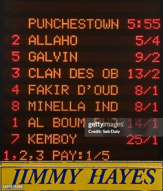 Kildare , Ireland - 27 April 2022; A bookmakers board displays betting odds for the Ladbrokes Punchestown Gold Cup prior to racing on day two of the...