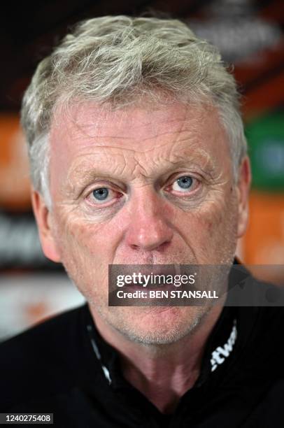 West Ham United's Scottish manager David Moyes attends a press conference at West Ham United's training ground in east London, on April 27 on the eve...