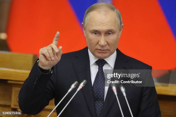 Russian President Vladimir Putin speaks during the Council of Lawmakers at the Tauride Palace, on April 27 in Saint Petersburg, Russia. Putin has...