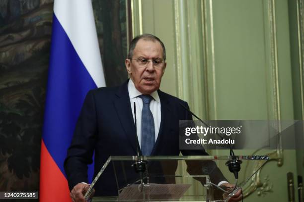 Russian Foreign Minister Sergey Lavrov and Eritrean Foreign Minister Osman Saleh Mohammed hold a joint press conference after their meeting in...