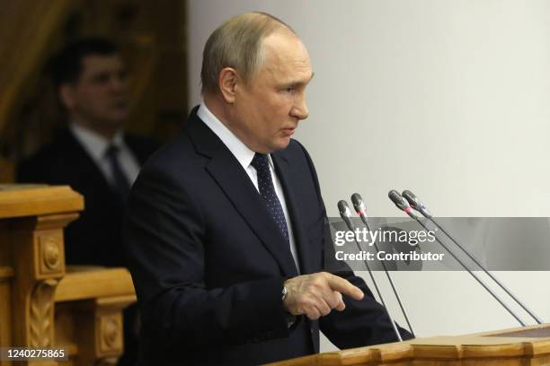 Russian President Vladimir Putin speaks during the Council of Lawmakers at the Tauride Palace, on April 27 in Saint Petersburg, Russia. Putin has...