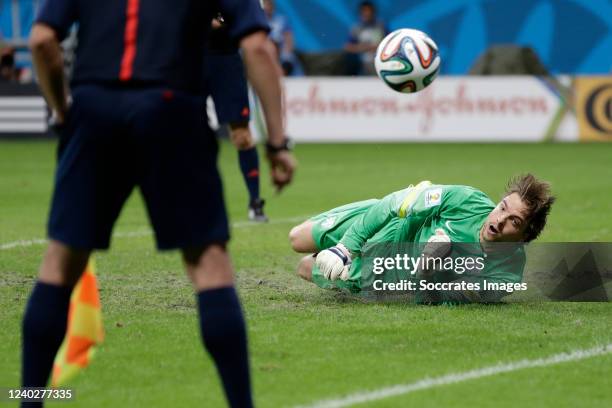 Tim Krul of Holland saves the final penalty during the penalty shoot out during the World Cup match between Holland v Costa Rica on July 5, 2014