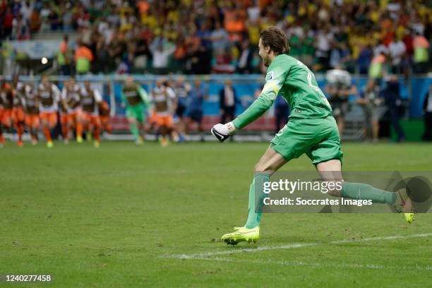 Tim Krul of Holland saves and celebrate the final penalty during the penalty shoot out during the World Cup match between Holland v Costa Rica on...