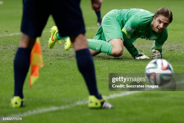 Tim Krul of Holland saves the final penalty during the penalty shoot out during the World Cup match between Holland v Costa Rica on July 5, 2014