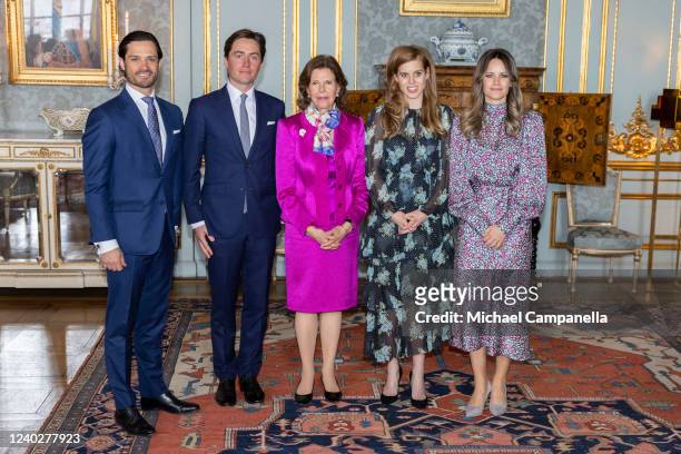 Prince Carl Philip of Sweden, Edoardo Mapelli Mozzi, Queen Silvia of Sweden, Princess Beatrice and Princess Sofia of Sweden pose for a picture before...