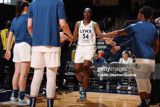 Sylvia Fowles of the Minnesota Lynx runs onto the court before a preseason game against the Washington Mystics on April 27, 2022 at Entertainment and...