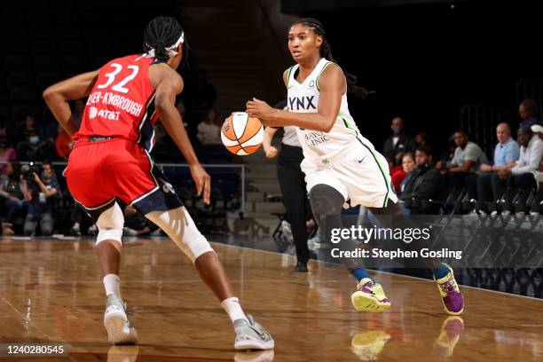 Angel McCoughtry of the Minnesota Lynx dribbles the ball during a preseason game against the Washington Mystics on April 27, 2022 at Entertainment...