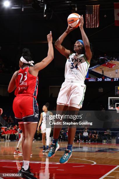 Sylvia Fowles of the Minnesota Lynx shoots the ball during a preseason game against the Washington Mystics on April 27, 2022 at Entertainment and...