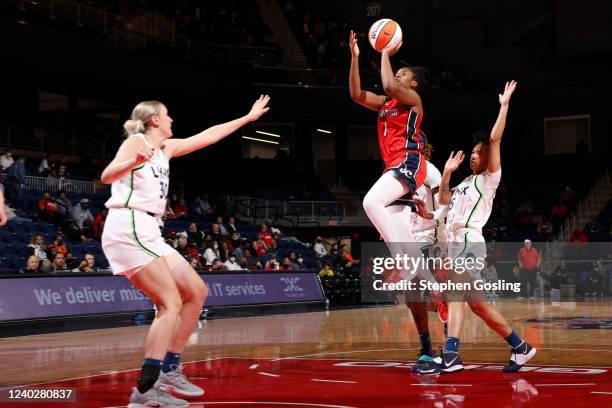 Ariel Atkins of the Washington Mystics shoots the ball during a preseason game against the Minnesota Lynx on April 27, 2022 at Entertainment and...