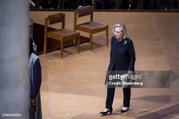 Former U.S. Secretary of State Hillary Clinton departs after speaking during the funeral for late Madeleine Albright, former U.S. Secretary of state,...