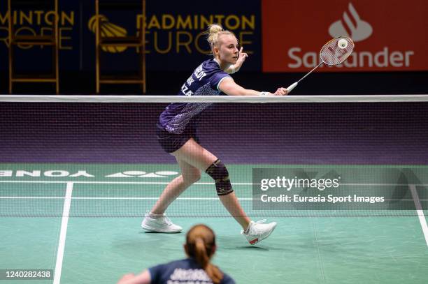 Mia Blichfeldt of Denmark in action against Julie Dawall Jakobsen of Denmark during the European Badminton Championships Round of 16 at Polideportivo...