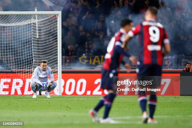 Ionut Radu of FC Internazionale looks dejected during the Serie A match between Bologna FC and Udinese Calcio at Stadio Renato Dall'Ara on April 27,...