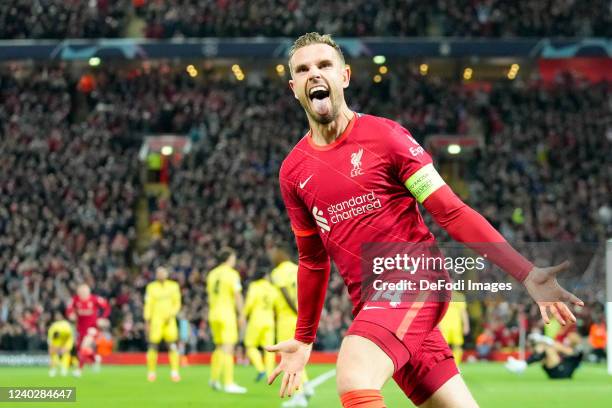 Jordan Henderson of Liverpool FC celebrates after scoring his team's first goal during the UEFA Champions League Semi Final Leg One match between...