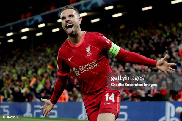 Jordan Henderson of Liverpool celebrates 1-0 during the UEFA Champions League match between Liverpool v Villarreal at the Anfield on April 27, 2022...